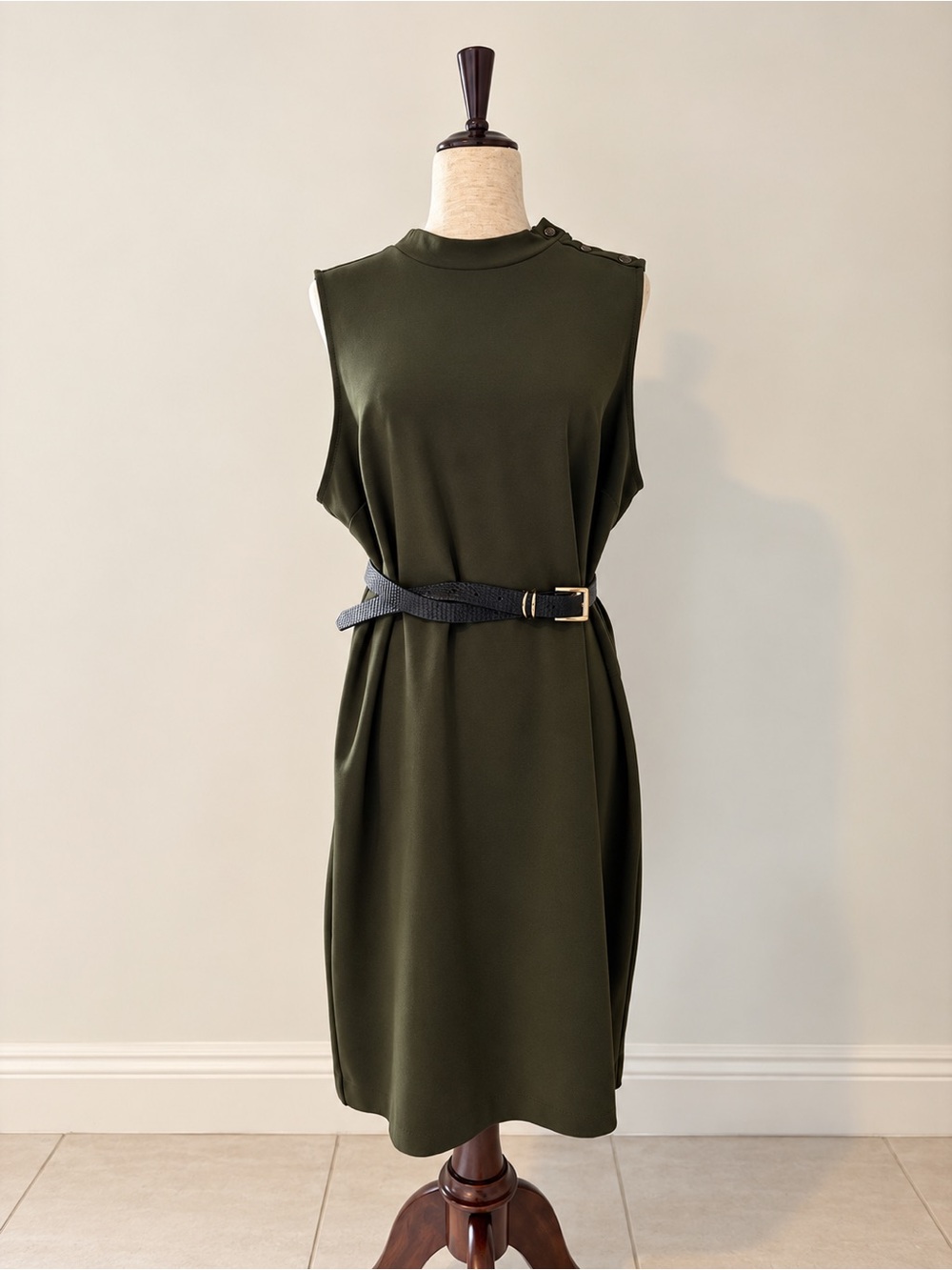 Banana Republic Dark Olive Sleeveless Midi Dress with Black Belt